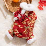 Lunar New Year Pet Jumpsuit – Brocade Dog Onesie with Faux Fur