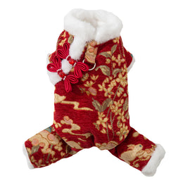 Lunar New Year Pet Jumpsuit – Brocade Dog Onesie with Faux Fur