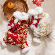 Lunar New Year Pet Jumpsuit – Brocade Dog Onesie with Faux Fur